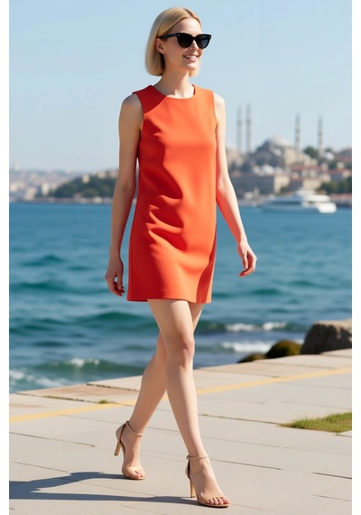 Benerly Kadın Kolsuz Bisiklet Yaka Düz Kesim Mini Dokuma Elbise Polyester Nar Çiçeği