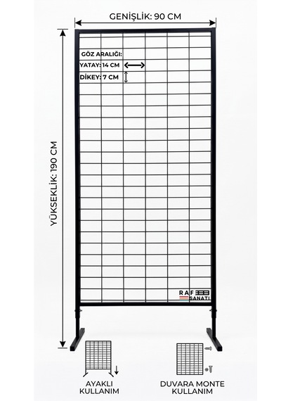 90x190 Cm Ayaklı Tel Pano Metal Stand Duvara Monte Grid Panel Mağaza Market Telefoncu Bijuteri Askılık Standı Siyah