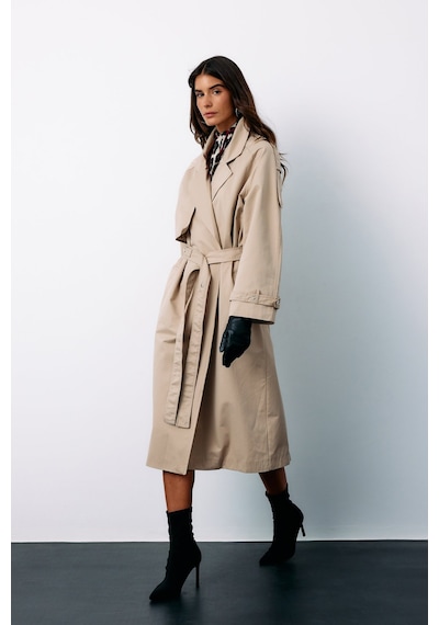Sateen Kuşaklı Uzun Trençkot - Bej-135124 Bej