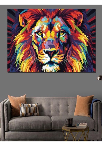Ahşap Tablo Renkli Aslan Başı Pop Art