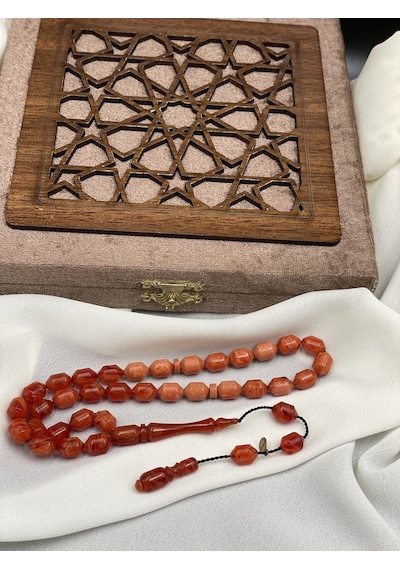 Ayhan Turan İmzalı El Boy Kapsül Kiremit Kırmızısı Sıkma Kehribar Tesbih 7x10 Mm Kırmızı