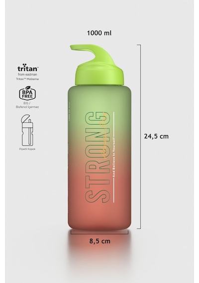 Renga Moly Çift Renk Yazı Desenli 1000 Ml Pipetli Mat Tritan Matara 912117 Yeşil-turuncu Yeşil - Turuncu