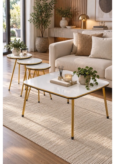 Sulorahome Gold Metal Leg 4-piece Coffee And Side Table Set Beyaz - Altın