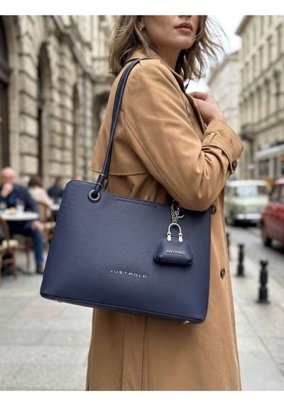 Just Polo Kadın Büyük Boy Premium Gümüş Logolu El Çantası Ve Cüzdanı Kombin Tote Bag Ebat : 22 X 34 Cm Lacivert
