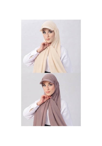 ALDAIYR 2 Adet Şapkalı Boneli Hazır Şal Hijab Sandy Krem - Vizon