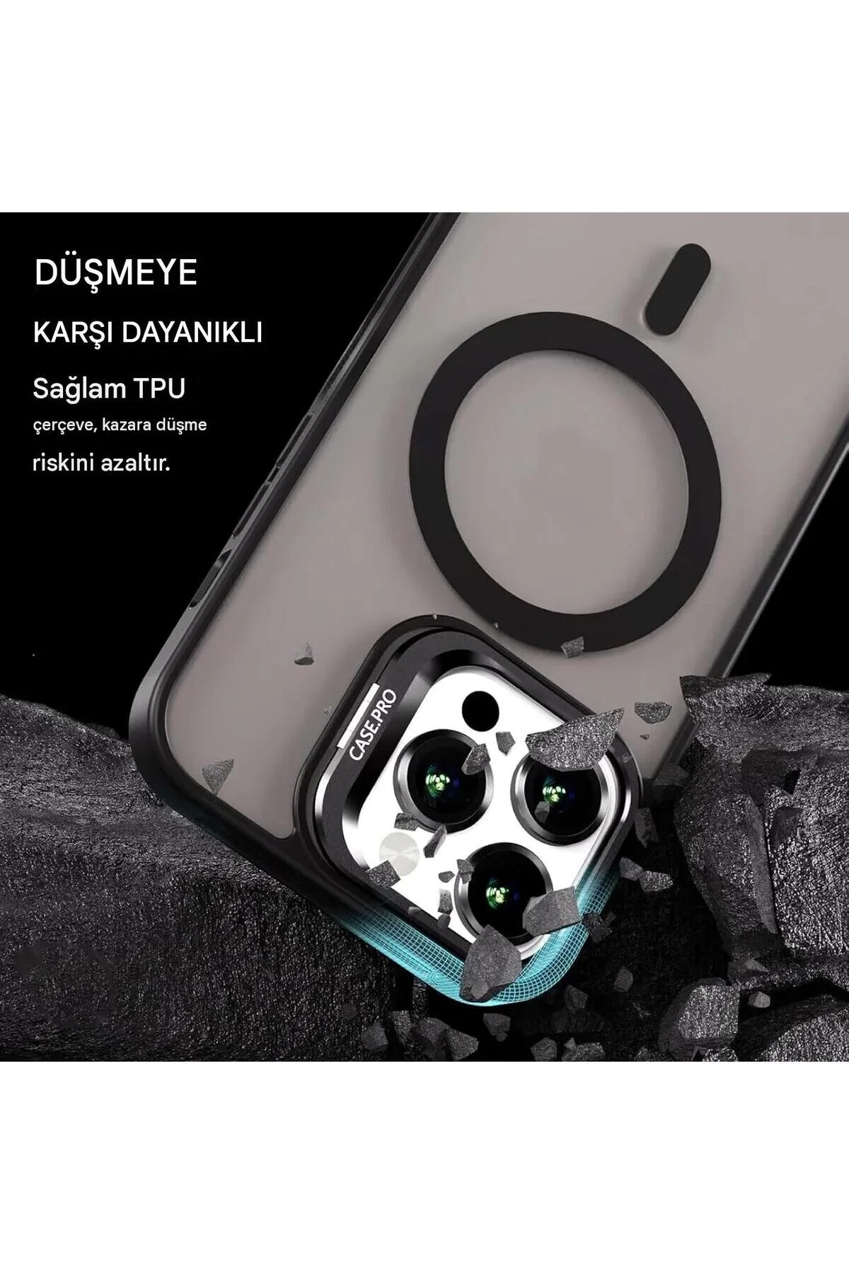 İphone 13 Uyumlu Magsafe Kılıf Mıknatıslı Standlı Darbeye Dayanıklı Mat Şeffaf Arka Kapak Lens li Siyah