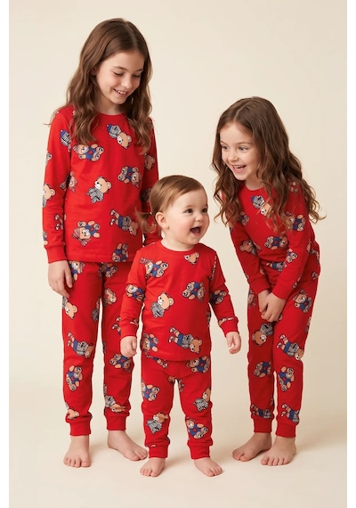Zuzunga Unisex Kırmızı Renk Ayıcık Desenli Uzun Kollu Pijama Takımı