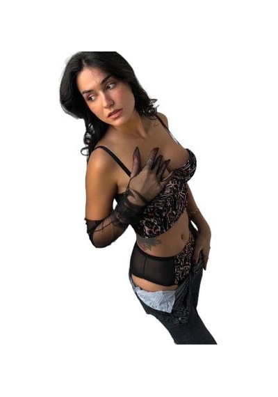 Onsekiz18shop Destekli Karışık Renk Baskılı Büstiyer Takım Siyah