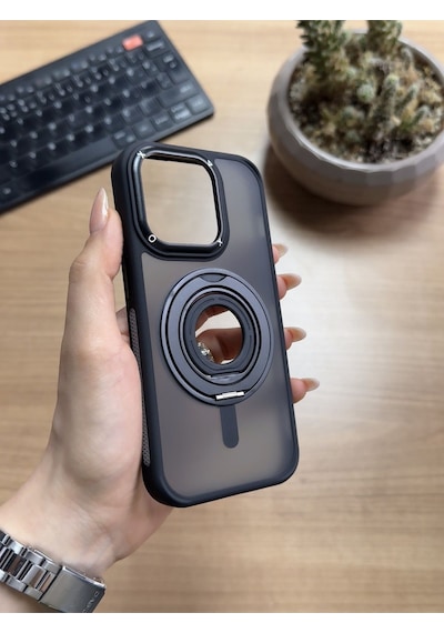 Apple Uyumlu iPhone 14 Pro Standlı Ve Yüzüklü Magsafe Kılıf Soocase721 Siyah