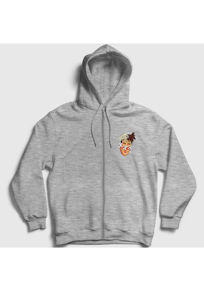Presmono Unisex Melting Xxxtentacion Fermuarlı Kapüşonlu Sweatshirt Gri Melanj