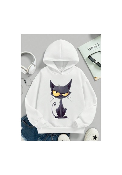 Stil X Sevimli Kediler Baskılı Kapüşonlu Çocuk Sweatshırt Beyaz-5