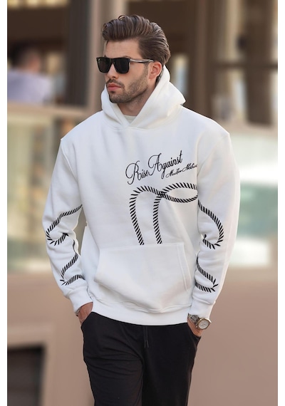 Madmext Ekru Baskılı Kapşonlu Cep Detaylı Erkek Sweatshirt 7067 Ekru
