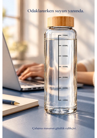 Tilbe Home Bambu Kapaklı Cam Matara Sporcu Suluğu Taşınabilir Su Şişesi 700 Ml Vakumlu Suluk Şeffaf