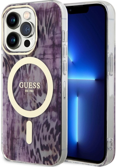 Apple Uyumlu iPhone 14 Pro Kılıf Guess Magsafe Şarj Özellikli Leopar Desenli Kapak