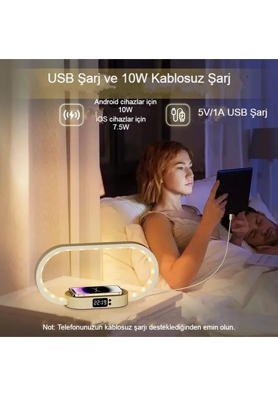 Kablosuz Şarj Paneli Led Işık Ahşap Fonksiyonlu Masa Lambası Şarj