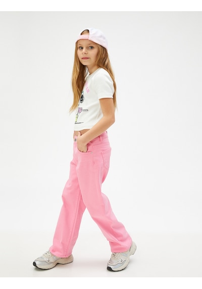 Koton Düz Paça Cepli Rahat Kesim Kot Pantolon - Straight Jean Beli Ayarlanabilir Lastikli Pembe 3skg40051ad Gül