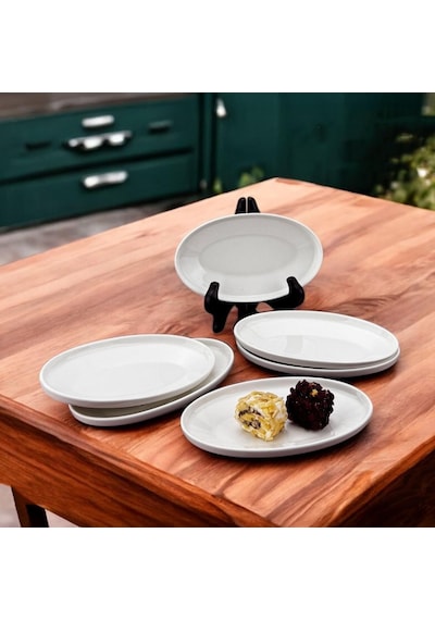 Deconox 6'li Porselen Küçük Boy Oval Tabak Seti - Minimalist Beyaz Sunum Tabağı Kahvaltılık Mezelik Ve Sosluk Ser Diğer