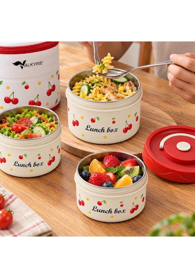 Valkyrie 3 Katlı Paslanmaz Çelik Kirazlı Yemek Termosu Lunch Box 1390 Ml Taşıma Çantalı Isı Yalıtımlı Kırmızı