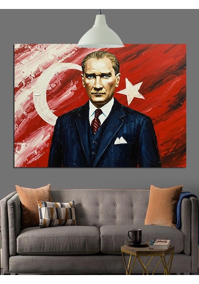 Bayrak Önünde Atatürk Portre Dekoratif Kanvas - Mdf Ahşap Tablo