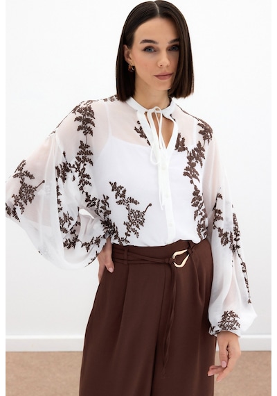Sateen Nakışlı Şifon Gömlek - Kahve-136179 Kahve