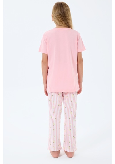 Rolypoly 3776 %100 Pamuk Kız Çocuk Kısa Kol Cepli Pijama Takımı Somon