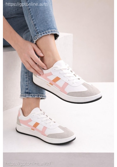 Unisex Günlük Spor Ayakkabı Bağcıklı Şerit Detaylı Sneaker Beyaz - Pudra Unisex Günlük Spor Ayakkabı Bağcıklı Şerit Detaylı Sneaker Beyaz - Pudra