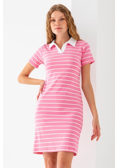 Giysa Kadın Polo Yaka Kısa Kollu Çizgili Elbise Pembe Beyaz - 25538 Pembe - Beyaz
