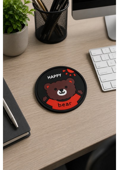 Kemboss Happy Ayıcıklı Bardak Altlığı 2'li Set - Pvc Kaydırmaz Bardak Altlığı Kahve Kupa Çay Bardağı Altlığı Masa Koruyucu Çok Renkli