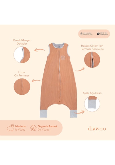 Diawoo Cocoon Walker 4 Mevsim Merino Uyku Tulumu,%100 Merino-org. Pamuk,2-7 Yaş Turuncu Turuncu