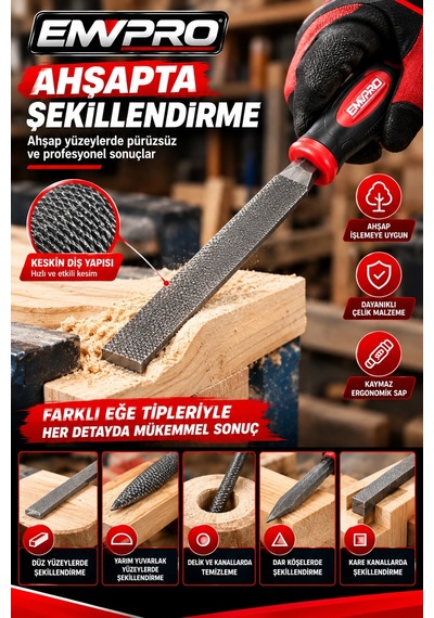 Emwpro 5 Parça Eğe Seti 200 Mm Metal Ahşap Törpüleme Ve Şekillendirme Takımı Düz Yuvarlak Yarım Yuva
