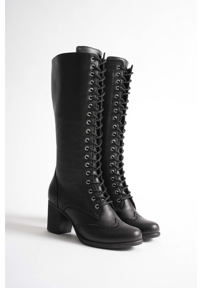 Analin Shoes Kadın Hakiki Deri Bağcıklı Topuklu Çizme Siyah