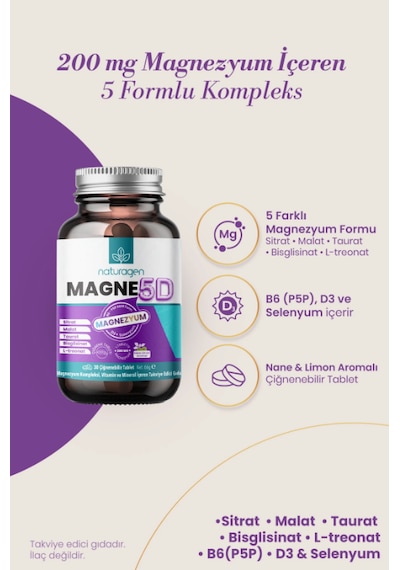 Naturagen Magne5d Magnezyum Kompleksi 200mg 2x30 Çiğnenebilir Tablet Nane & Limon Aromalı