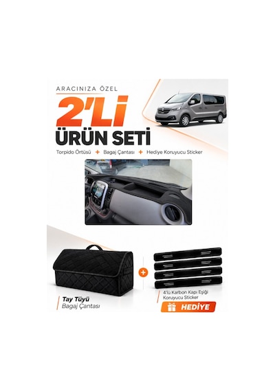 Renault Trafıc Kapaksız 2015-2022 Uyumlu Torpido Örtüsü + Tay Tüyü Bagaj Çantası Seti - Siyah