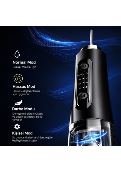 Ağız Duşu Şarjlı 320 Ml Su Hazneli 4 Modlu Su Geçirmez Taşınabilir Oral Irrigator 5 Başlıklı Derin Temizlik Type-c