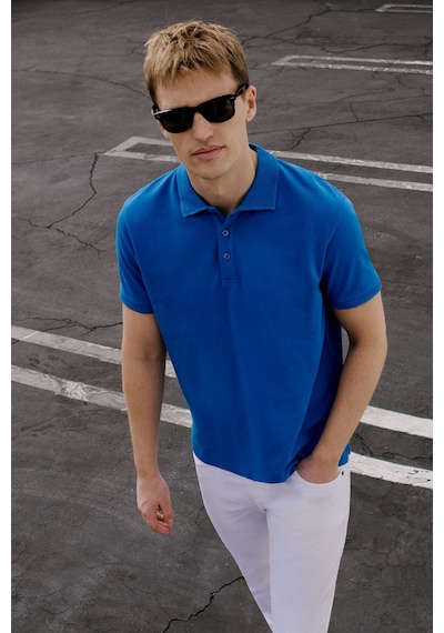 Erkek Royal Mavı Slim Fit Dar Kesim Polo Yaka %100 Pamuk Kısa Kollu Tişört Royal Mavı