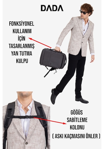Dada USB Type-C Girişli Fonksiyonel Laptop Sırt ve Seyahat Çantası Gri 15,6 İnç 40 Litre