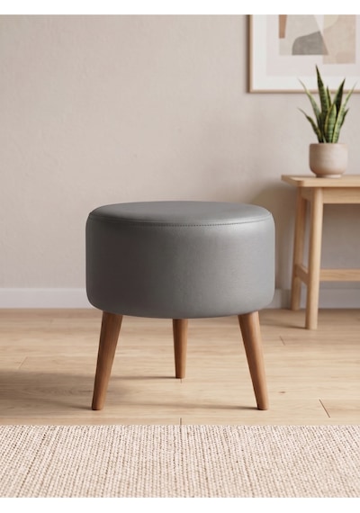 Modern Gri Deri Puf Tabure Ahşap Ceviz Ayaklı Yuvarlak Puf 40x42 Cm