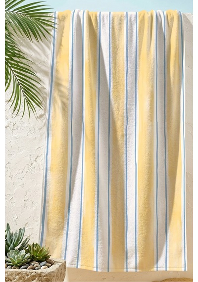 Çizgili Sarı Beyaz Plaj Havlusu - Akdeniz Minimalist Mavi Detaylı Hızlı Kuruyan Mikrofiber Havlu Mat Armut