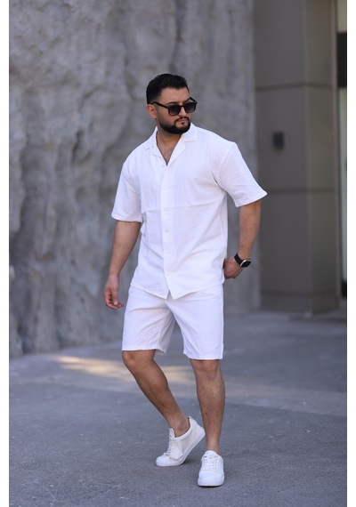 Çağla Yeşili Renk Gömlek Şort Erkek Keten Takım Oversize Kalıp Beyaz