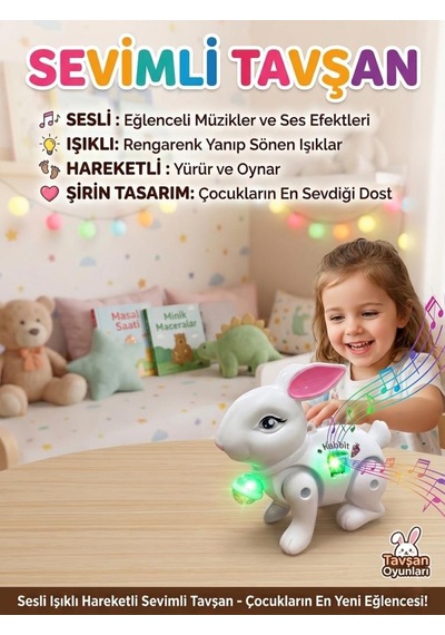 İpli Pilli Işıklı, Müzikli Ve Hareketli Sevimli Dans Eden Tavşan Oyuncak Hayvan Figürü Beyaz