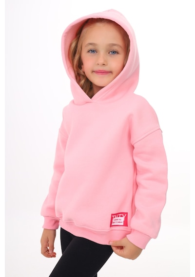 Kız Çocuk Oversize Kapüşonlu Düşük Omuz Baskılı Sweatshirt - 3 İplik Şardonlu Pembe