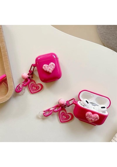 Apple Uyumlu AirPods Pro 1. / 2. Nesil İle Kılıf Kalp Leopar Taş Kiraz Desenli Fiyok Tutmalı Kılıflar Pembe Koyu