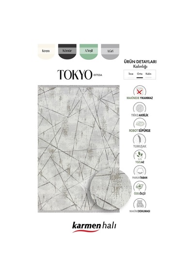 Tokyo 1703 Gri Halı Antrasit Detaylı Geometrik Desen Modern Akrilik Halı Kaymaz Taban Tozuaz-855 Gri