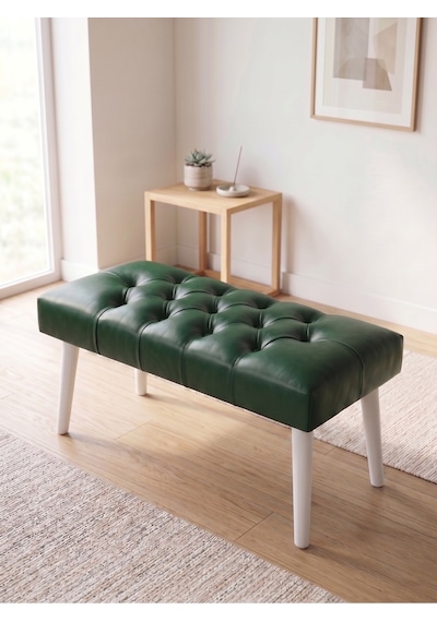 Modern Kapitoneli Yeşil Deri Kumaş Bench Puf Oturma Bankı Ahşap Beyaz Ayaklı Demonte 90x45