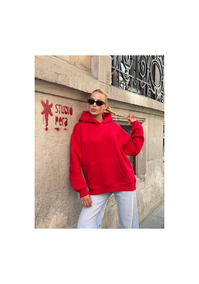 Zdnjeans Kadın Taşlı Kanat Baskılı Oversize Kapüşonlu Sweatshirt Kırmızı