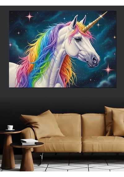 Uzayda Renkli Tekboynuzlu Unicorn At Dekoratif Kanvas - Mdf Ahşap Tablo