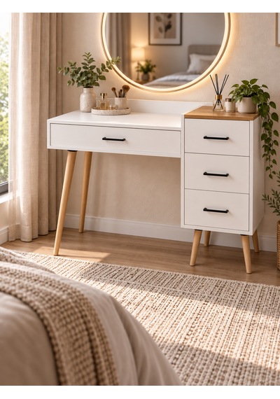 Dorm Çekmeceli Ahşap Ayaklı Makyaj Masası - Beyaz- Atlantik Çam - 120x90 Cm Beyaz - Çam Dorm Çekmeceli Ahşap Ayaklı Makyaj Masası - Beyaz- Atlantik Çam - 120x90 Cm Beyaz - Çam