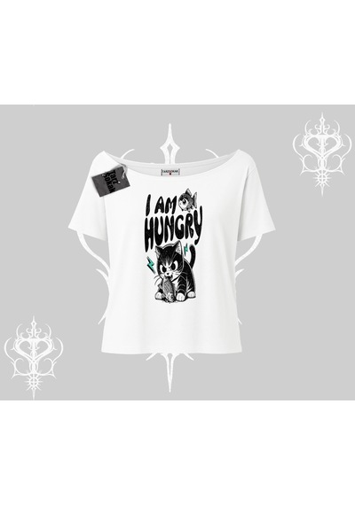 Startmore Startmore Am Hungry Kedi Baskılı Kayık Yaka Tshirt Beyaz