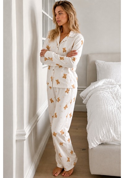 Womanandkids Night Beyaz Kadın Gömlek Yaka Düğmeli Pijama Takımı