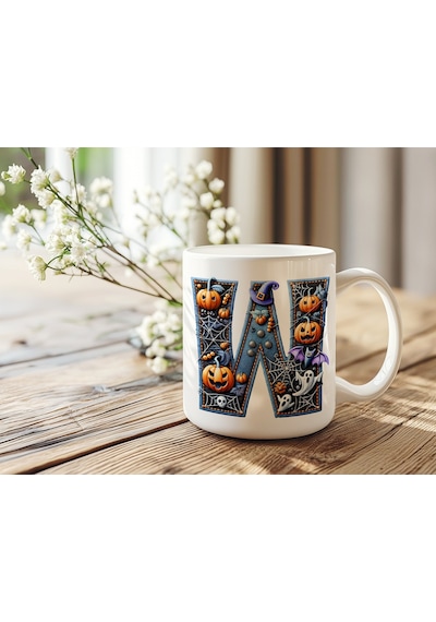 W Baş Harf Cadılar Bayramı Konsept Kupa Bardak - Halloween Hediye - Bal Kabağı Hayalet Örümcek Ağı Beyaz